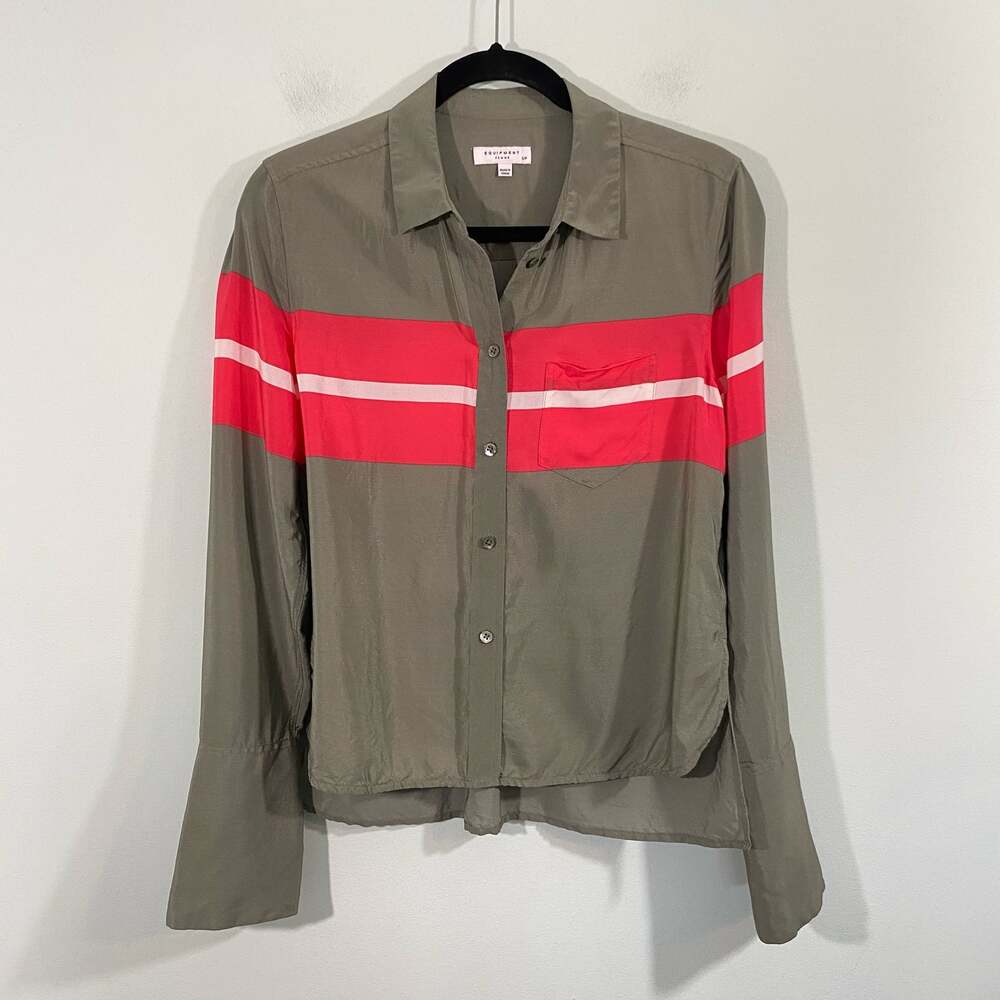 Equipment Femme Green & Red Button Up Silk Long Sleeve Blouse Size S/P